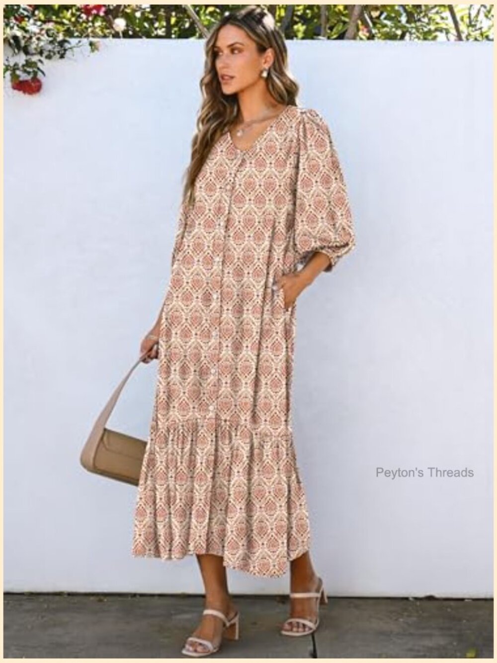Boho Maxi Dress with Puff Sleeves Pockets Flowy Long Casual - Picture 3 of 7